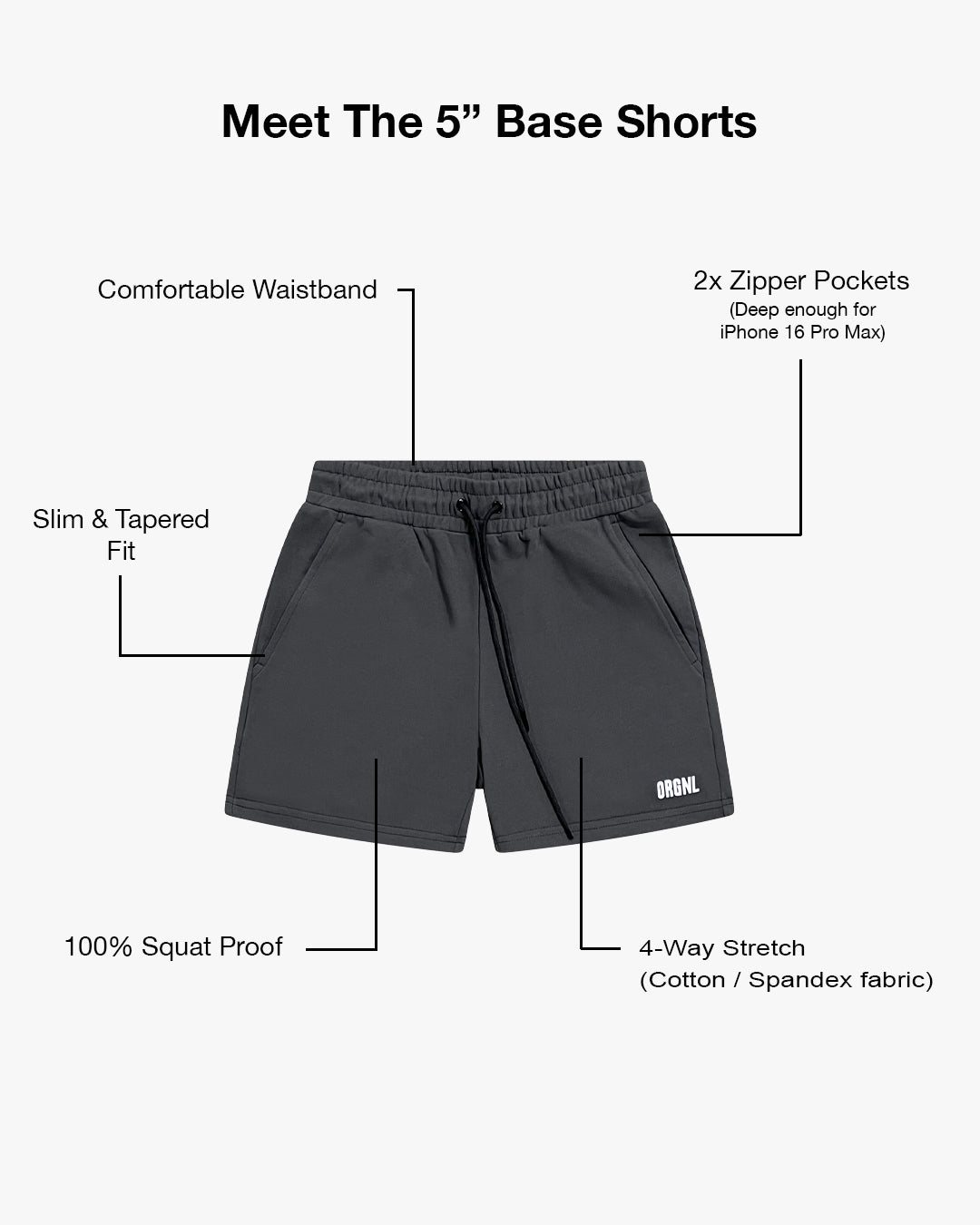 5" Base Shorts - Houtskool